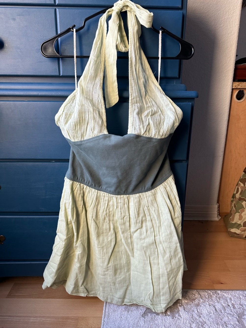 Free People Mint Halter Fit-and-Flare Dress with Dark Green Waistband